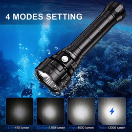 Wurrkos Dive Flashlight Bright Max 13000 Lumen Scuba Diving Light DL70 with 4 XHP50.2, IPX8 Waterproof Dive Torch Underwater 328ft, 4 Mode Night Dive Flashlight for Submarine Deep Sea Cave