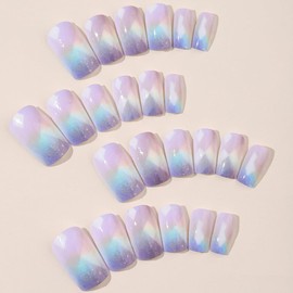 ANDGING Light Purple Press on Nails Square Short Medium Glue on Nails with Bling Designs Fantasy Full Cover Fake Nails Classy Manicure Gel Acrylic False Nails for Women Wedding Stick on Nails