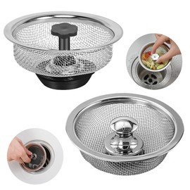 2 Kitchen Sink Basket Strainer Replacement for Standard Drains (3.2 Inch) with Rubber Stopper, Pack of 2, Stainless Steel (Outer Ring Diameter 8.3cm, Sink Filtration-Black+Fixed)