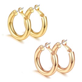 Sovesi Chunky Hoop Earrings for Women, 14K Real Gold Plated Thick Hoops with Sterling Silver Post, Rose Gold & Gold Hoop Earrings Set 25mm
