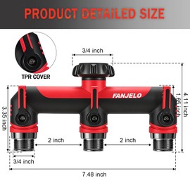 FANJELO 3 Way Hose Splitter, Heavy Duty Garden Water Hose Bib Spigot Splitter, Faucet Splitter with Shutoff Valve, Garden Hoses Connector for T Adapter, 3/4 - Inch GHT Thread (Red)