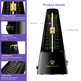 Mechanical Metronome,Universal Metronome for Piano Guitar Violin Drums and Other Instruments,Loud Sound, Accurate Track Beat and Tempo for Beginners(Black)
