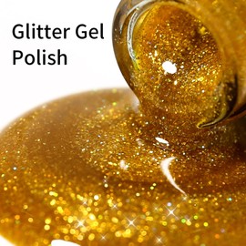 Firedeep Glitter Gold Gel Nail Polish, 16ml Yellow Gold Sparkle Gel Polish UV/LED Soak Off Nail Polish for Spring Summer Nail Art Design at Home
