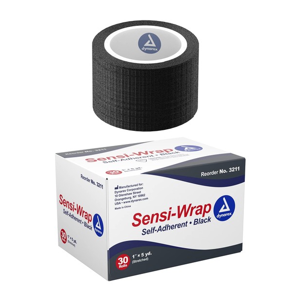 Dynarex Sensi-Wrap Self-Adherent Bandage Rolls, Black, 30 Count, 1" x 5 yds