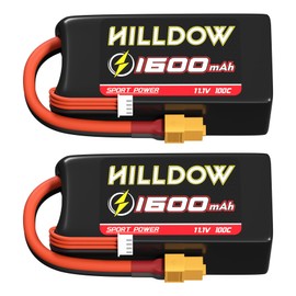 Hilldow 11.1V Lipo RC Battery 3S 100C 1600mAh Lipos Batteries Rechargeable with XT60 Connector for RC Car RC Boat RC Airplane Helicopter Drone FPV(2 Packs)