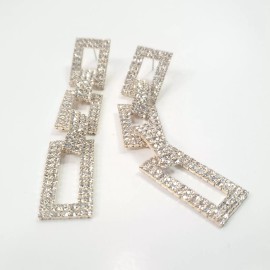 Fashion Jewelry E0614 Gold Tone Clear Rhinestones Triple Rectangle Link Drop Dangle Earrings