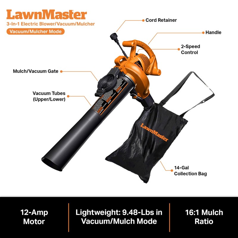 LawnMaster BV1210 Electric Blower Vacuum Mulcher 12 Amp 2-Speed Adjustment