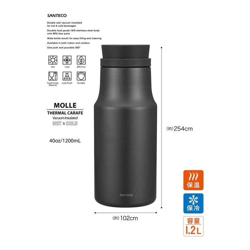 CBJAPAN SANTECO Tabletop Pot, 3.2 gal (1.2 L), Vacuum Insulated,