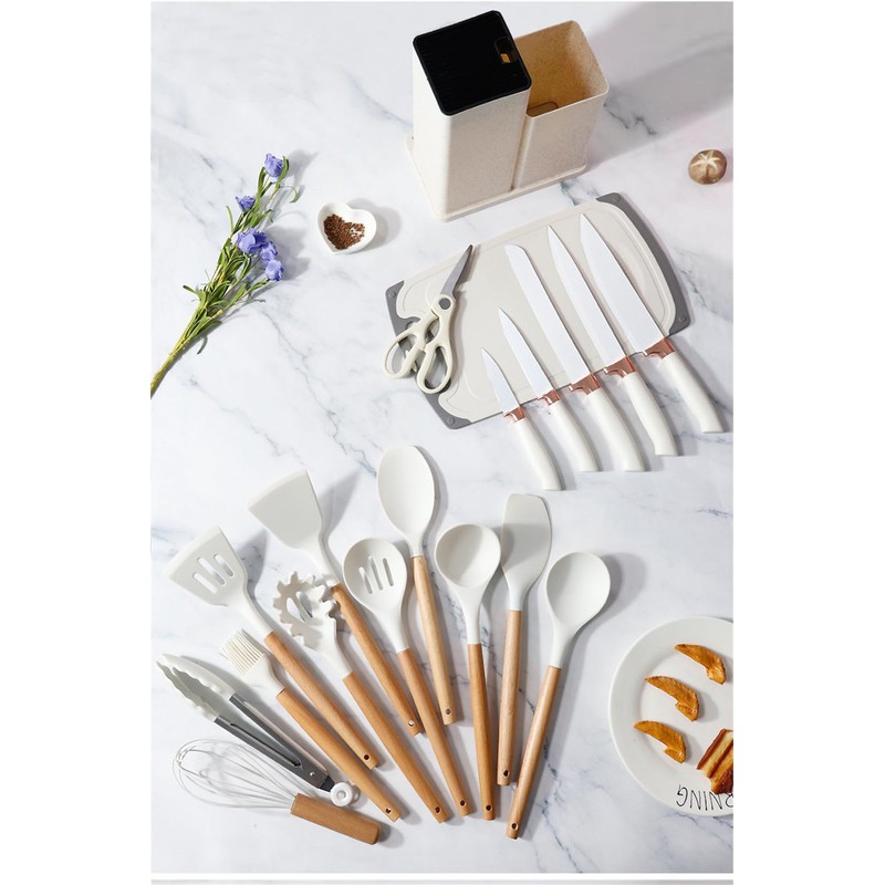 Cherry Pink 19 Piece Kitchen Utensils and Knife Set with