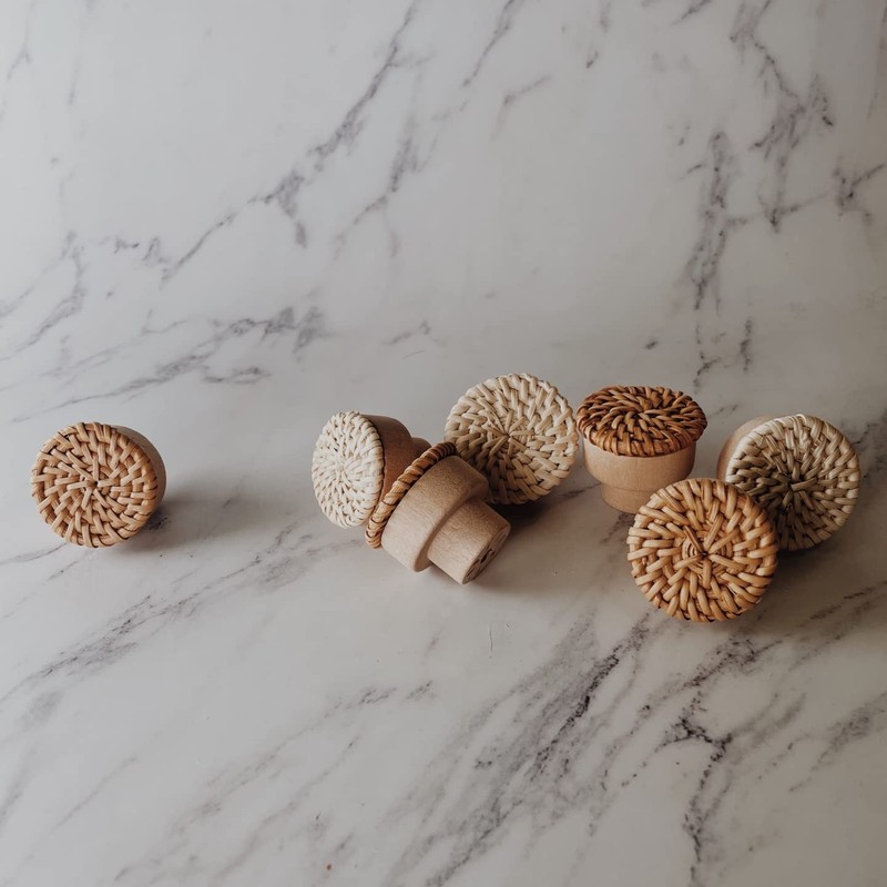 BOHOIFY 6pc Boho Rattan Knobs for Dresser, Drawers, Cabinet; Handmade
