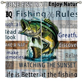 wlsgdsg Vintage Fish Blackout Curtains for Kitchen,Old Country Art Forest Hunting Lodge Boardwalk Bass Lake Hunter Window Treatments for Bedroom Living Room 42x45in