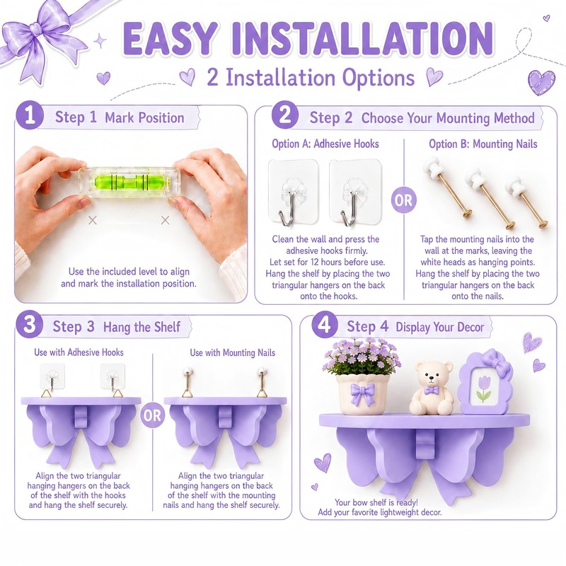 Purple Kawaii Room Decor Floating Shelf, with Mounting Kit 50Cute