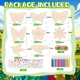Pack of 40 Craft Sets for Children, DIY Wooden Crafts Child with Butterfly, Flower & Bird, Craft Spring Children with Watercolour Pen & Gemstone Stickers, Decorative Cord, Crafts Children's Birthday