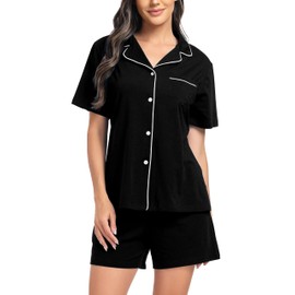 Lovasy Cotton Ladies Pyjamas with Pockets, Classic Pjs for Women, Short Sleeve Sets, Black, XL