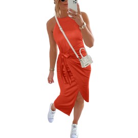 NOLLSOM Women Casual Sleeveless Striped Tank Midi Dresses Halter Neck Ruched Bodycon Dresses Tie Waist T Shirt Summer Dress（Solid Orange,Small