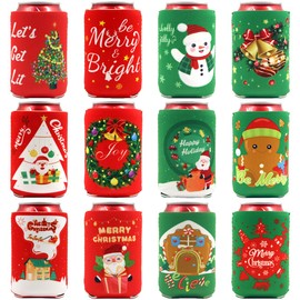 12 Christmas Can Cooler Sleeves Funny Neoprene Beer Can Covers for Christmas Party Supplies