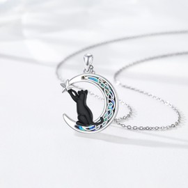CHENGHONG Cat Necklace 925 Sterling Silver Black Cat Pendant Necklace for Girls Abalone Celtic Moon Animal Black Cat Jewellery for Women Children Christmas Gifts…