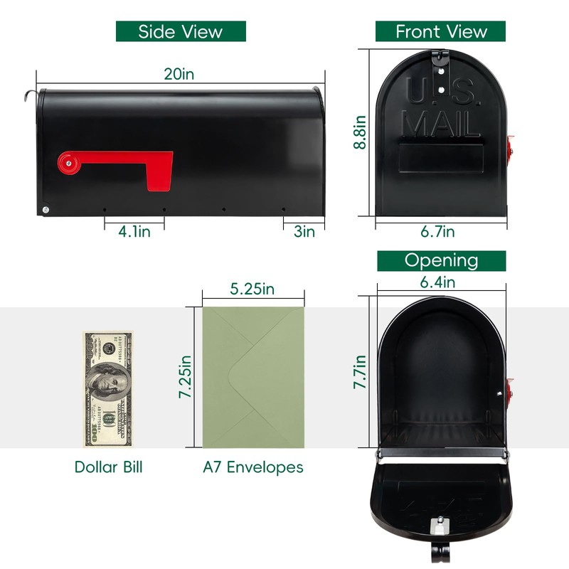 BlissBoard Mailboxes for Outside, Galvanized Steel Medium Black Metal Mailbox,