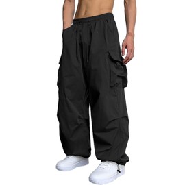 GUDEUBAI Men's Casual Cargo Pants Elastic Waist Drawstring Street Hip Hop Trousers with Pockets (34, Black)