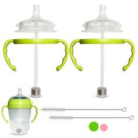Straw Cup Conversion Kit for Comotomo Baby Bottles 2-Count, Food Grade Silicone Straw Nipples, All Silicone Weighted Straw, Bottle Handles and Cleaning Brush, BPA Free, 6+ Months (Straw Top, Green)