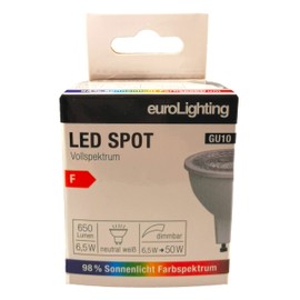 euroLighting LED Spotlight GU10 4000 K, 6.5 W Neutral White 650 lm with Sunlight Spectrum/Full Spectrum, 3 Step Dimmable