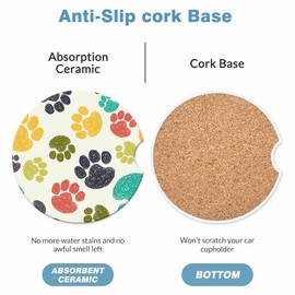Paw Pattern Car Cup Holder Coaster 2 Pack Absorbent Ceramic Car Coasters for Cup Holders Car Accessories Interior for Women Men Universal Anti Slip Cork Base Cup Coasters with Finger Notch
