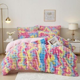 Luofanfei Winter Plush Bed Linen 135 x 200 cm Rainbow Warm Cuddly Fluffy Flannel Colourful Bed Linen Set Winter Bed Linen Microfibre Fleece Duvet Cover and Pillowcase 80 x 80 cm with Zip
