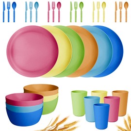 afcevnlb 36-Piece Plastic Wheat Straw Dinnerware Sets Plates and Bowls Sets for 6 Lightweight Bowls Unbreakable Dish Set Dishwasher Microwave Safe Suitable for Camping Party Grill（Iridescent）