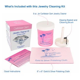 Jewelry Cleaner Kit 8oz with Basket, Brush & Polishing Cloth - All Purpose Jewelry Cleaner Solution for Gold, Silver, Diamonds, Rings, Necklaces, Gems, Precious Stones & Metals