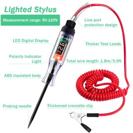 Automotive Test Light Digital Circuit Tester Electrical Test Pen Bidirectional Light Tester with 5-120V LED Digital Voltage Display, 5.9Ft Extended Spring Wire & Probe for Cars Trucks Vehicles (Red)