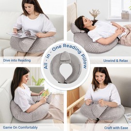 COOLBEBE Reading Pillow for Gaming, Arm Rest Support Pillow, U-Shaped Lap Pillow for Bed & Sofa, Compact Gaming Pillow with Tablet Support for Reading, Crocheting (Grey)