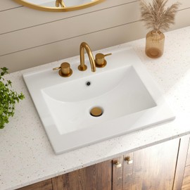 20"W x 18"D Drop In Bathroom Sink Rectangular, Los Flexi 20 Inch White Ceramic Vanity Sink with 4-in Centerset & Overflow, 3 Faucet Holes, Modern Bathroom Vessel Sink for Vanity Top