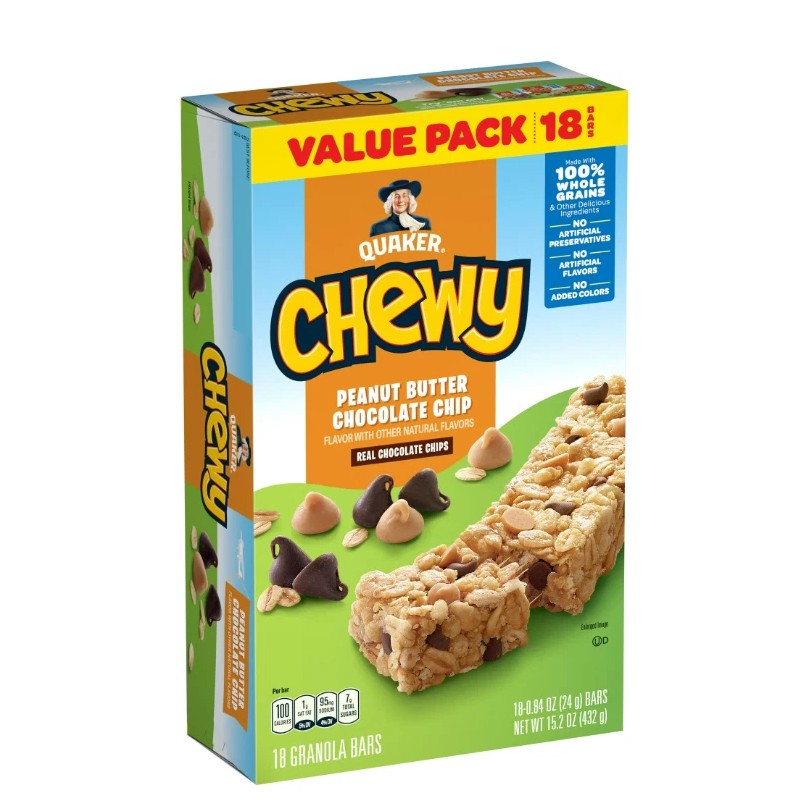 Quaker Chewy Granola Bar, Peanut Butter Chocolate Chip Flavor, 18