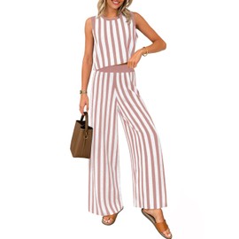 ZESICA Women's Summer Two Piece Outfits Crop Tank Tops and Wide Leg Pants Striped Lounge Travel Sets Casual Tracksuits,Dusty Pink,Medium