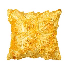 PiccoCasa 3D Satin Rose Flower Throw Pillow Cover Shells,Arts Decorative Pure Color Roses Floral Cushion Covers for Couch,16" x 16", Gold Tone