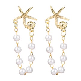 Mikovivi Gold Starfish Shell Earrings, Dainty Sea Shell Earrings Dangle Unique Scallop Starfish Pearl Beaded Tassels Stud Jewelry for Summer Vacation Beach-Inspired Outfits for Women