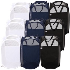 AQQA 9 Pcs Mesh Popup Laundry Hamper Set, Black/White/Blue, Durable Handles, Foldable, Sturdy Mesh Construction, Ideal for Kids, Teens, Adults, College Dorm, Camping, Hotel, Travel