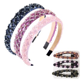 Gmmidea 3PCS Crystal Rhinestone Headbands for Women Girls Glitter Bling Beaded Headband Thin Padded Fancy Hairband for Girls Sparkle Hair Accessories(Pink, Navy, Purple)