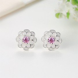 925 Sterling Silver Stud Earrings Cherry Blossom White Enamel Fine Jewelry Women Earring Brincos(Flower-A)