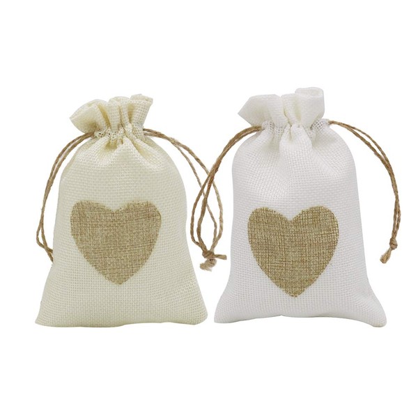 HRX Package Small Burlap Heart Gift Bags with Drawstring, 20pcs Jute Cloth Favor Pouches for Wedding Shower Party Christmas Valentine's Day DIY Craft (3.9 x 5.7 inches)