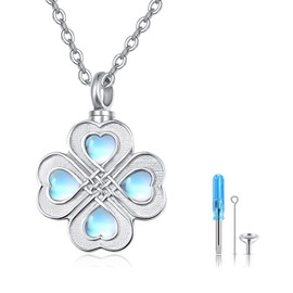 TANGPOET Urn Necklace for Ashes 925 Sterling Silver Four Leaf Clover Moonstone Memorial Cremation Jewellery for Ashes Keepsake Pendant Necklaces for Women Men Pet with Funnel Filler Kit