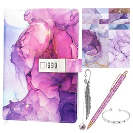 Candcamp Diary with Lock for Girls, Purple Kids Journal Password Journal Notebook Kit with Bracelet Pen Bookmark Washi Paper