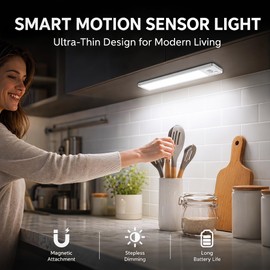 Iluminación con sensor de movimiento para debajo del gabinete: luces recargables regulables de 12 pulgadas para interiores – Luces que funcionan con pilas, luz LED magnética para clóset debajo del
