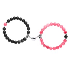 FLYEMMET Couple Bracelets for Women Men Distance Matching Relationship 8 mm Stone Beads Couples Friendship Stretch Bracelet Jewelry Set for Him and Her (Magnetic Black & Pink)