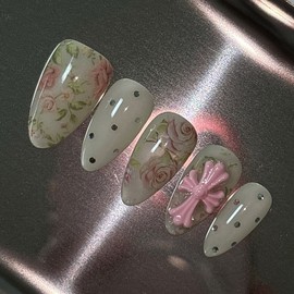Vintage Flower Rose Chrome Hearts 5 Color Handmade Nail Tips - Almond-Short / 빈티지플라워 장미 크롬하츠 5컬러 수제네일팁 - 아몬드-숏