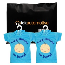 Tek Automotive Tiny Human Baby On Board Sign for Car - Twin Pack Blue T Shirt Design | Baby Car Accessories with Suction Cup | Child On Board Car Sign | Baby On Board Sticker for Car | Baby Must Haves