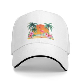 Flyjbs Unisex Flamingo Palm Tree Baseball Cap, Sunset Beach Flower Hat for Women Men White