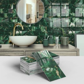 URCOLOR 32-Piece Peel and Stick Backsplash Wall Tile, 4"x 8" PVC Glossy Green Marble Stick on Subway Tiles for Kitchen, Bathroom, Laundry Room, Camper, Fireplace