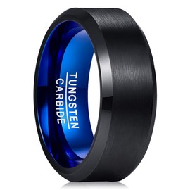 TUNGSTORY 8mm Black Blue Tungsten Rings, Two Tone Wedding Bands Ring with Beveled Edges Brushed Finish Comfort Fit Size 7