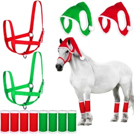 HCEWSBFD 12 Pcs Christmas Horse Tack Set Christmas Horse Costume Accessories with Holiday Xmas Hats Horse Leg Wraps Adjustable Horse Halters for Holiday Decor Party Parades Supplies (Red & Green)